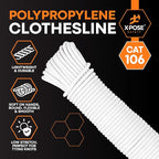 Plastic Clothesline - 100' Plastic Clothes Line - White Outdoor Weather Resistant - Synthetic Cord for Hanging and Drying Clothing & Laundry - Plastic Rope Clothes Line String for Pulley 2 Pack
