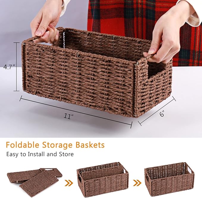 Vagusicc Wicker Storage Basket, Set of 2 Hand-Woven Paper Rope Wicker Basket, Small Storage Baskets for Organizing Toilet Paper Basket, Foldable Large Cube Storage Organizer Bins for Shelves (Brown)