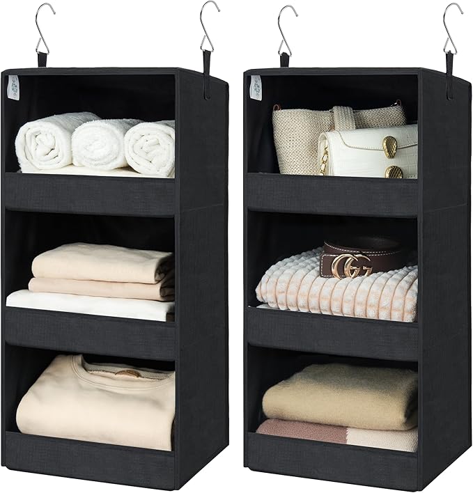 GRANNY SAYS Hanging Closet Shelf, 3-Shelf Foldable Hanging Organizers and Storage, Hanging Organizer for Camper Organization, Black, 2-Pack