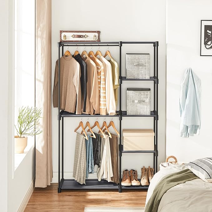 SONGMICS Portable Closet, Freestanding Closet Organizer, Clothes Rack with Shelves, Hanging Rods, Storage Organizer, for Cloakroom, Bedroom, 44.1 x 16.9 x 65 Inches, Gray URYG024G02