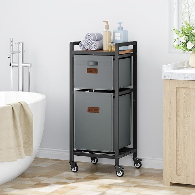 FAVOOSTY Laundry Hamper with Shelf, 70L Laundry Basket Organizer, Laundry Hamper with Shelf, 2 Section Laundry Sorter for Laundry Room Organization (Grey)