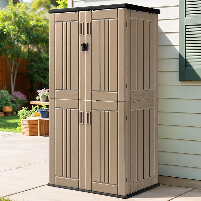 DWVO Outdoor Vertical Storage Shed with 4 Shelves, Waterproof Tall Plastic Storage Shed with 4 Adjustable Shelf, 30 cu. ft. Patio Tools Storage for Patio, Garden, Backyard, Deck, Brown