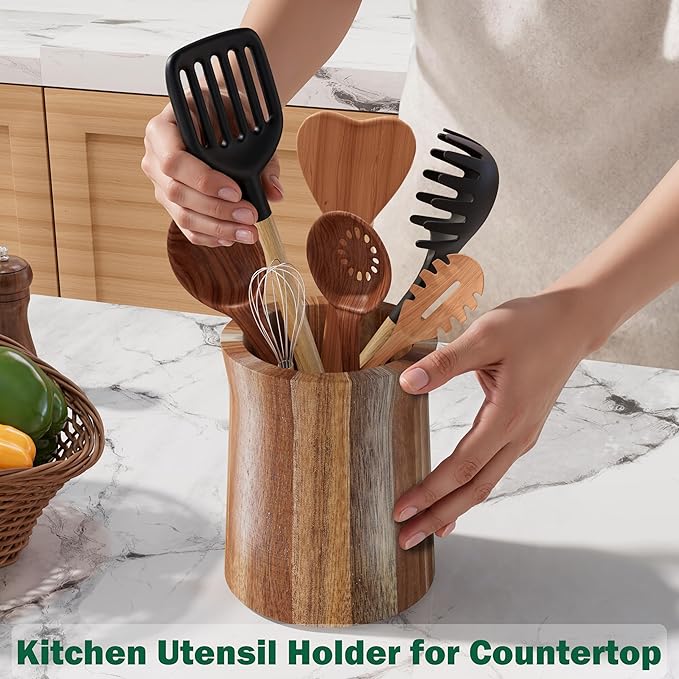 Utensil Holder, Acacia Wood Utensil Holder for Kitchen Counter, 360° Rotating Cooking Utensil Crocks for Countertop, 7.2" Large Utensil Organizer for Spatula Storage