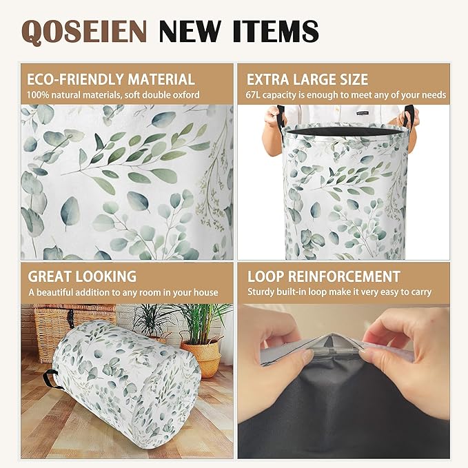 Green Eucalyptus Collapsible Laundry Baskets,Leaves Branches Laundry Hamper,Storage Basket with Handles for Bathroom Bedroom College Dormitory Living Room Nursery Organizer 16"x20"