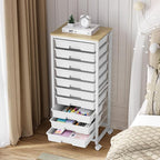Rolling Cart with Drawers,10 Drawer Rolling Cart,Storage Cart with Wheels,Utility Cart with Drawers,Teacher Cart for Classroom Storage,Craft Cart with Wheels and Wooden Tabletop,White