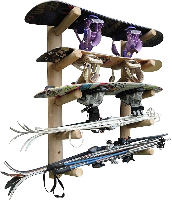 5-Place Wall-Mounted Skis/Snowboard Log Rack - Poles & Ski Wall Mount, Snowboards Wall Rack, Indoor & Outdoor Ski Holders for Walls, Hangers for Skis Indoor Storage - Natural