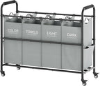 Tajsoon 4 Bag Laundry Sorter Cart, 4 Section Laundry Hamper Sorter with Heavy Duty Lockable Rolling Wheels, Laundry Separator Hamper with Removable Bags for Dirty Clothes Storage, Grey