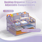 Docnest 3 Tier Mesh Desk Organizer for Paper Office Supplies – Multi-Functional Letter Tray with 5 Adjustable Compartments, 3 Pen Holders, Desktop Storage for Files, Mail, Stationery – Purple