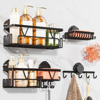 KEGII Shower Caddy Suction Cup, 4 Pack Suction Shower Shelf with Towel Rack No Drilling, Removable Shower Organizer with Hooks & Soap Holder, Space-Saving Bathroom Storage (Black)