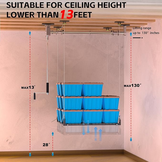 Garage Ceiling Storage Racks,4x4 FT Garage Storage Lift with Secure Lock,Heavyweight Overhead Rack for Easy Up Down,Industrial Elevator System Holds 400 Lbs