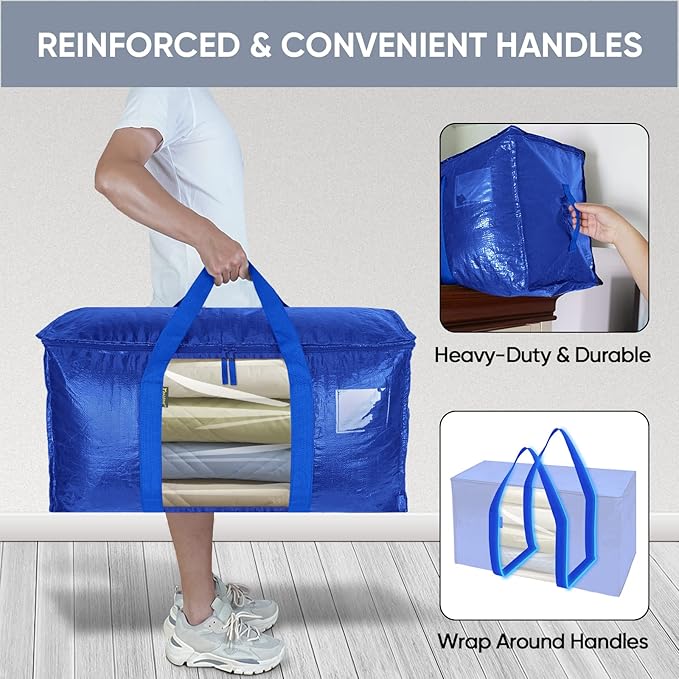 BALEINE 2-Pack Oversized Moving Bags with Reinforced Handles, Heavy-Duty Storage Tote Moving Supplies for Packaging, Camping (Blue w/Window, 2-Pack)