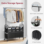 Tajsoon Laundry Sorter Cart with Hanging Clothes Rack, 4 Butler Sorter Basket Organizer, Laundry Hamper Cart with Heavy Duty Rolling Lockable Wheels, Black