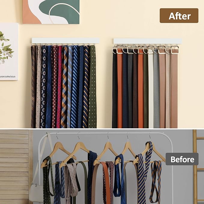 ZEDODIER 2 Pack Wodden Tie Hanger Wall Mounted, Space Saving Belt Organizer for Man with 24 180° Rotating Hooks, Space Saving Belt Storage Holder, White