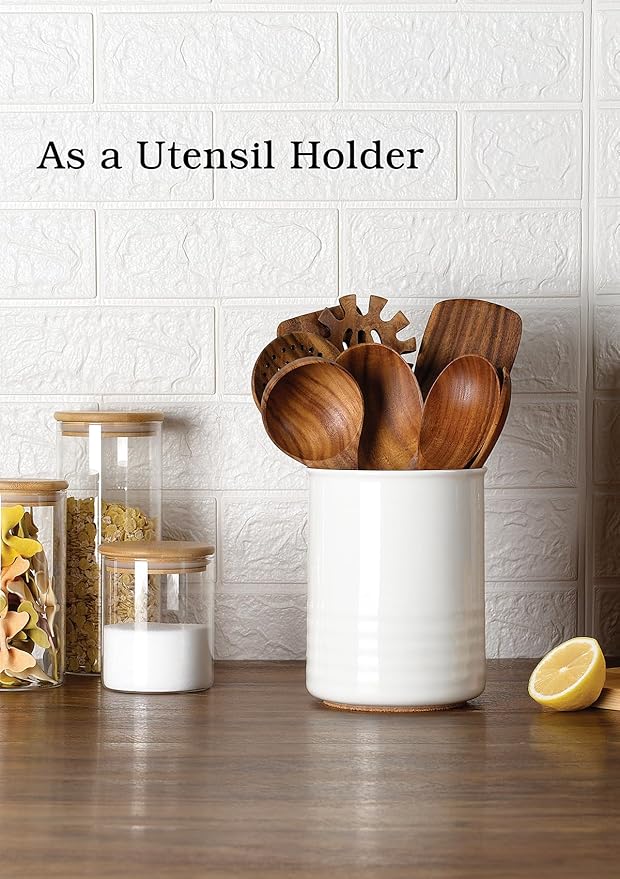 Utensil Holder, 6.7" Ceramic Kitchen Utensil Crock for Countertop Cooking, Modern Utensil Caddy Jar Organizer for Farmhouse Kitchen Counter Decor (White)