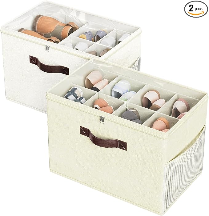 Budding Joy 2 Pack Shoe Organizer for Closet, Clear Foldable Shoe Storage Containers Adjustable Dividers Fits 16 Pairs,Shoe Storage Bins Baskets Boxes with Reinforced Handles Beige Yellow Beige