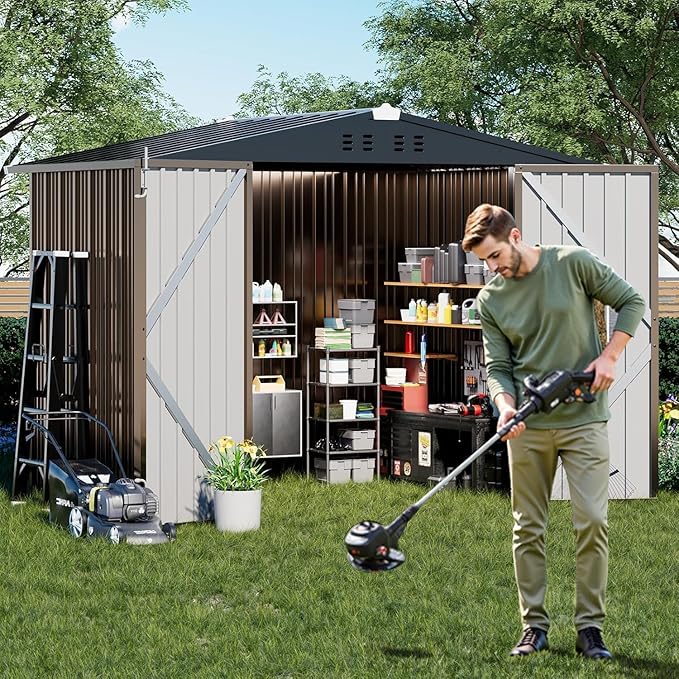 COMHOMA Shed Outdoor Storage Shed Metal,Lockable Doors Tool Sheds with Sloping Roof,Steel Garden Shed with Air Vent for Backyard,Patio,Lawn,Poolside(Brown,8'x6')