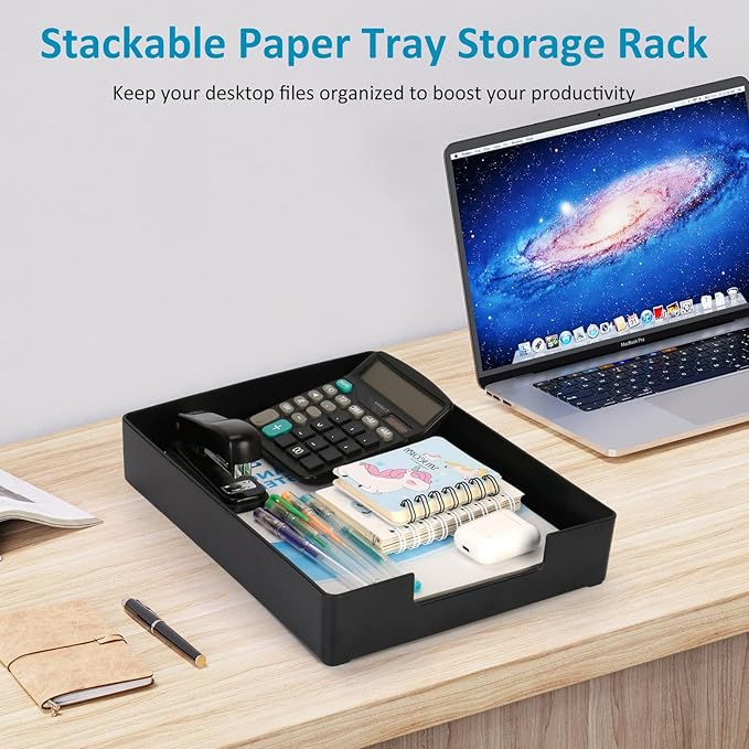 Letter Size A4 Papers Tray Desk Drawer Organizer Tray A4 Plastic Letter Paper Stationery Desk Accessories, Black Holder File Organization for Office, School, Home Storage (2 Pack)