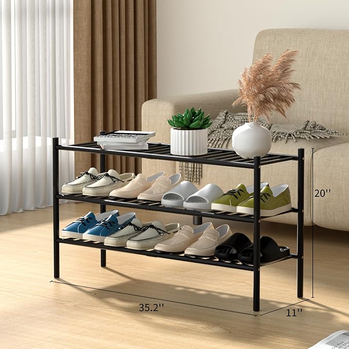 3-Tier Bamboo Long Shoe Rack, Free Standing Wood Shoe Shelf Storage Organizer for Closet Entryway Stackable 35"x11"x20" (Black)