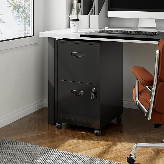 2 Drawer File Cabinet on Wheels, Mobile Two Drawer Filing Cabinet with Lock, Small Rolling Files Cabinets for Under Desk, Metal Filing Cabinets for Letter Size Folders - Assembly Required