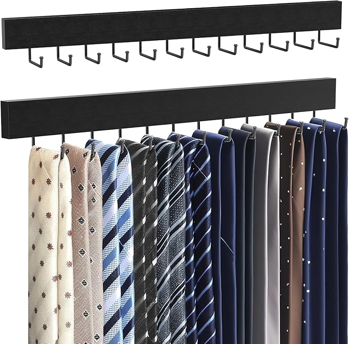 Tie Rack Wall Mount, Wooden Closet Tie Hanger with 24 Metal Hooks, Large Capacity, Black, 2 Pcs