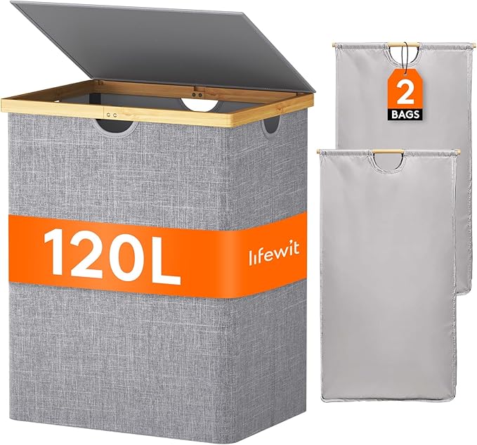Lifewit 120L Double Laundry Hamper with Lid, Extra Large Bamboo Laundry Basket Dirty Clothes Hamper, 2 Section Laundry Bin Organizer for Laundry Room Bedroom with 2 Removable Liners & Bags,Light Gray