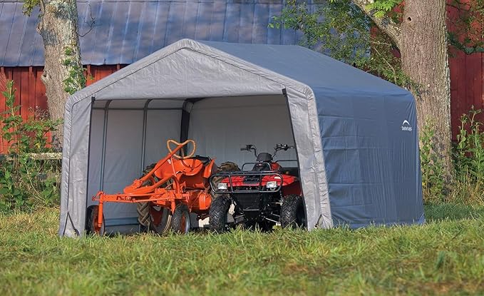 ShelterLogic Shed-in-a-Box All Season Steel Metal Peak Roof Outdoor Storage Shed with Waterproof Cover and Heavy Duty Reusable Auger Anchors 12' x 12'