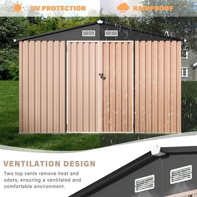 6x8 ft Metal Storage Shed, Outdoor Garden Tool Shed with Lockable Doors & Sloped Roof, Rustproof Galvanized Steel Shed for Backyard, Patio, Lawn Brown