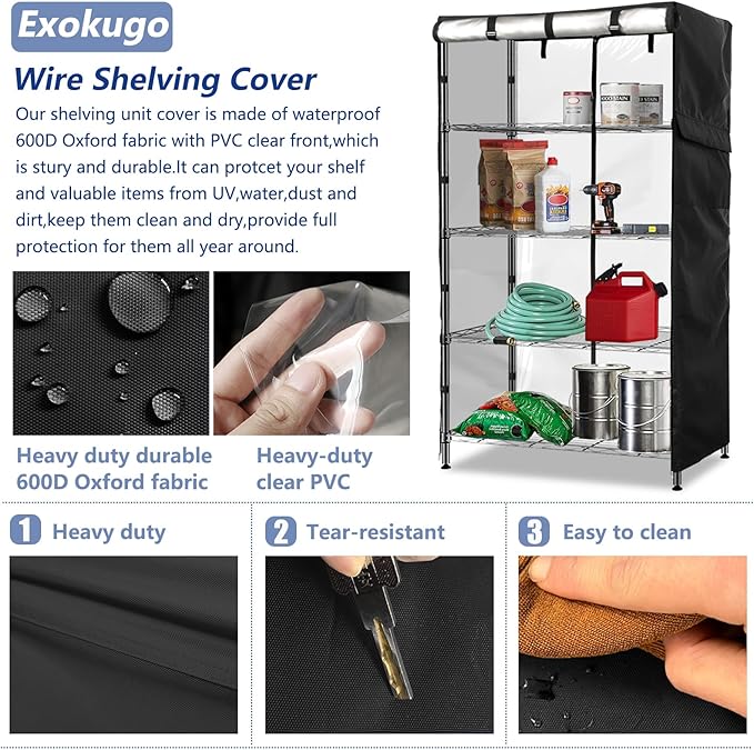 Wire Shelf Cover,600D Heavy Duty 100% Waterproof Shelf Covers for Wire Shelving,Outdoor Storage Shelves Cover for Metal Rack,60" W x 24" D x 72" H,Black with Clear Front