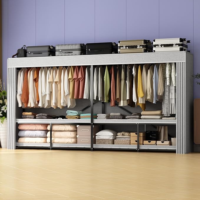 95% Assembled 96" L Heavy Duty Wardrobe Closet, Premium Extra Large Strong Heavy Duty Clothes Rack with Cover,Portable Foldable Freestanding Garment Rack for Hanging Clothes, Black