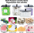 Laundry Room Organization Container, 4pcs Acrylic Laundry Pod Storage Containers, Black Dryer Sheet Holder Jars with Bamboo Lids and Labels for Scent Booster Powder Detergent Pods Storage