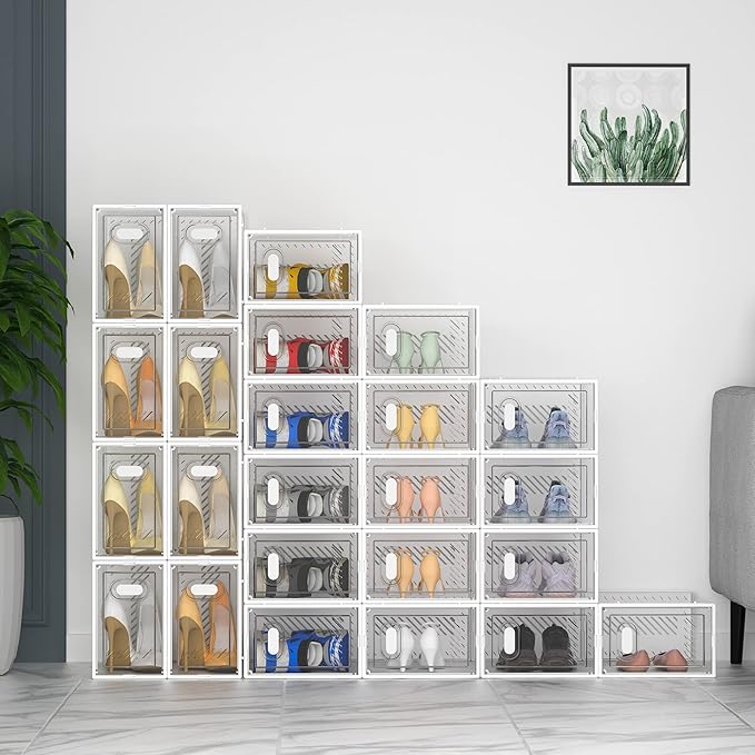 Shoe Storage, 12 Pack Shoe Organizer for Closet, Shoe Boxes Clear Plastic Stackable Shoe Containers with Lids for Size 10