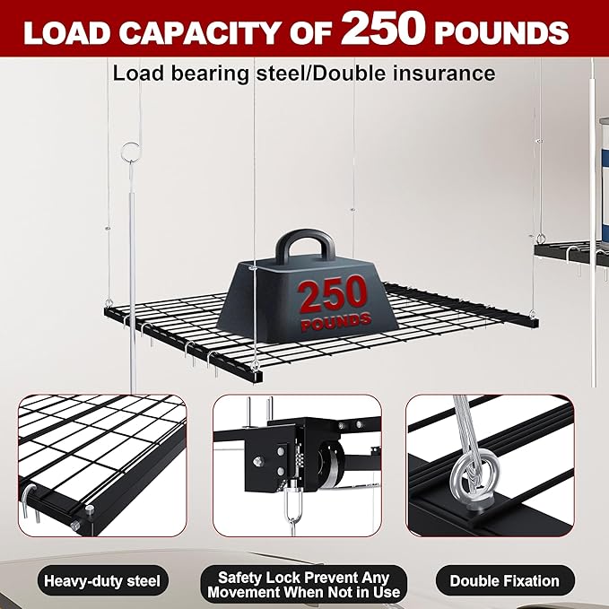 Montary 4x4 FT Overhead Garage Storage Rack for 10-12 FT Ceiling, Adjustable Ceiling Storage Rack with Safety Lock, 250LBS Capacity All-Steel Construction Heavy-Duty Garage Lifting Organizer