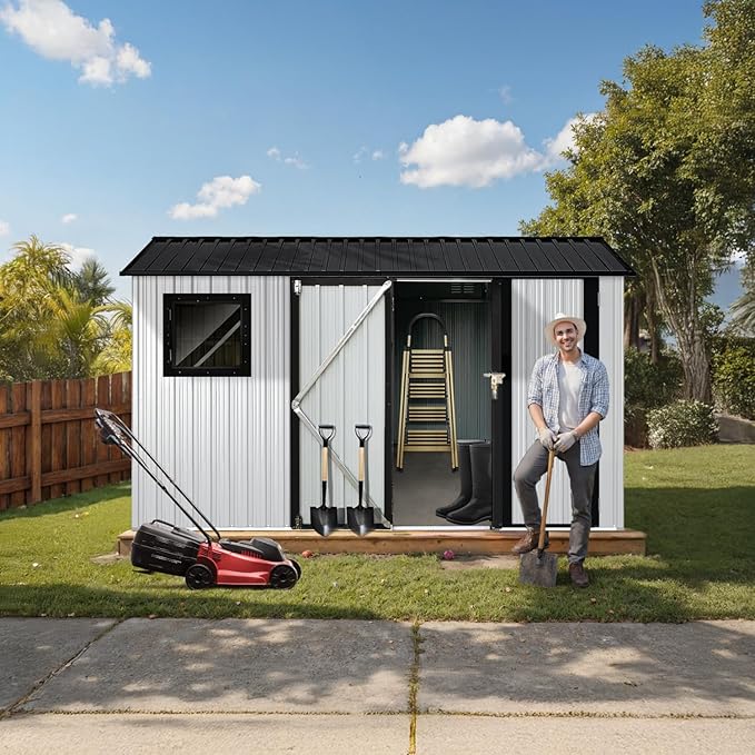 10' x 8' XL Outdoor Storage Shed, Sturdy Metal Building w/Floor and Operable Window for Garden, Backyard, Poolside and Lawn, White