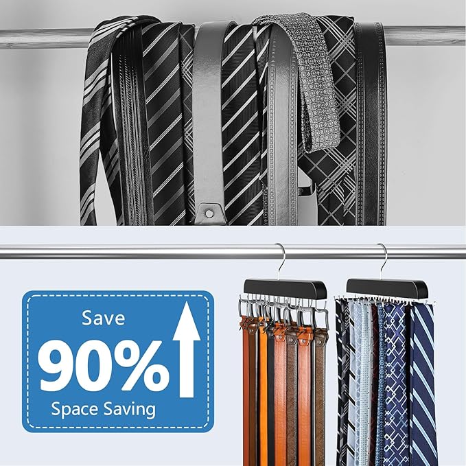 2 Pack Tie Rack & Belt Hanger 2 in 1 Tie Hanger Space Saving Max 42 Belts& 60 Ties Capacity for Closet Organizers and Storage, Sturdy Wood Belt & Tie Collection Organizer
