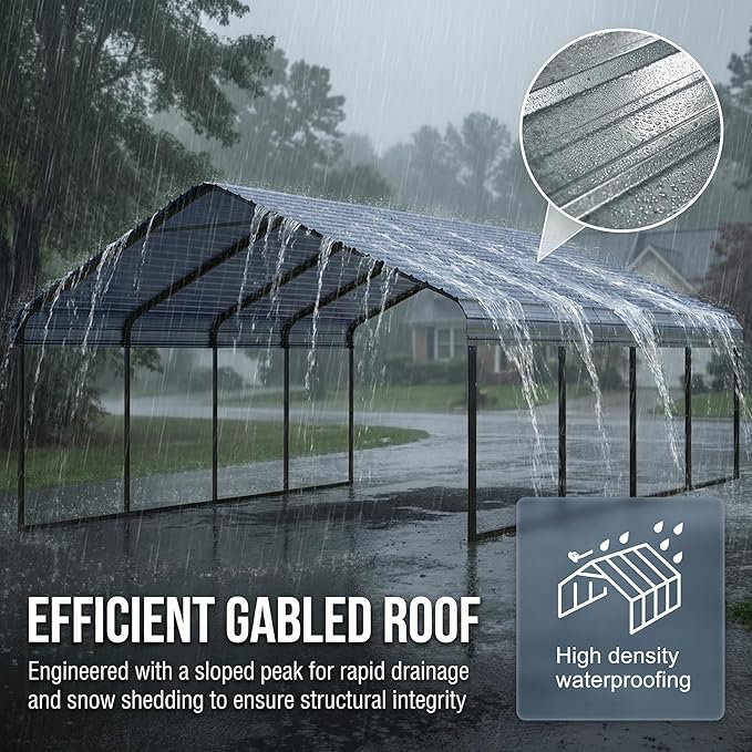 12x20 FT Heavy Duty Metal Carport - Galvanized Steel Car Shelter Garage Kits for 1 Car, RVs, Boats & Outdoor Storage