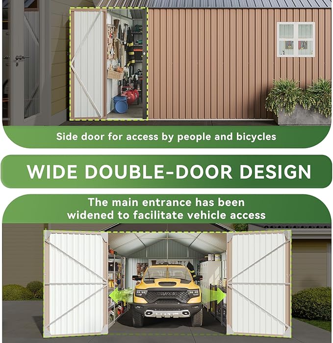 Aoxun 12x20x9.3 FT Metal Garage Shed Outdoor Large Storage Shed Carport with Double Doors,Side Door & Windows, Heavy Duty Garden Tool Shed All-Weather Outdoor Building for Vehicles & Sundries(Brown)