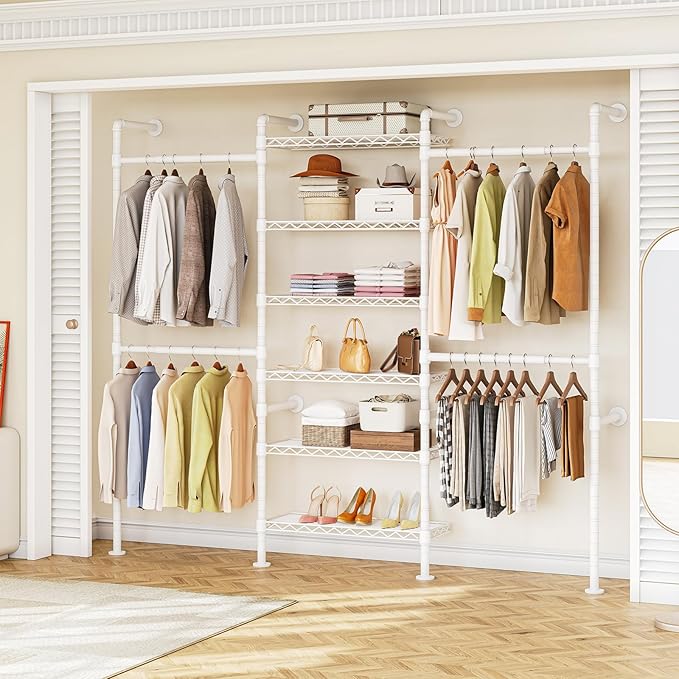 ONBRILL H3 Wall Mounted Closet System, Expandable Industrial Pipe Clothes Rack Clothing Rack for Hanging Clothes, Heavy Duty Closet Organizers and Storage in Wardrobe Closet, White