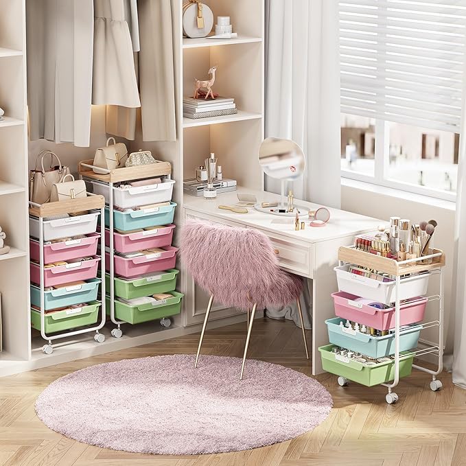 Rolling Craft Storage Cart with 4 Drawers,Utility Cart with Drawers,Art Craft Organizers and Storage,Kids Craft Cart,Kids Art Cart With DIY Lable and Wooden Tabletop Area,Colorful