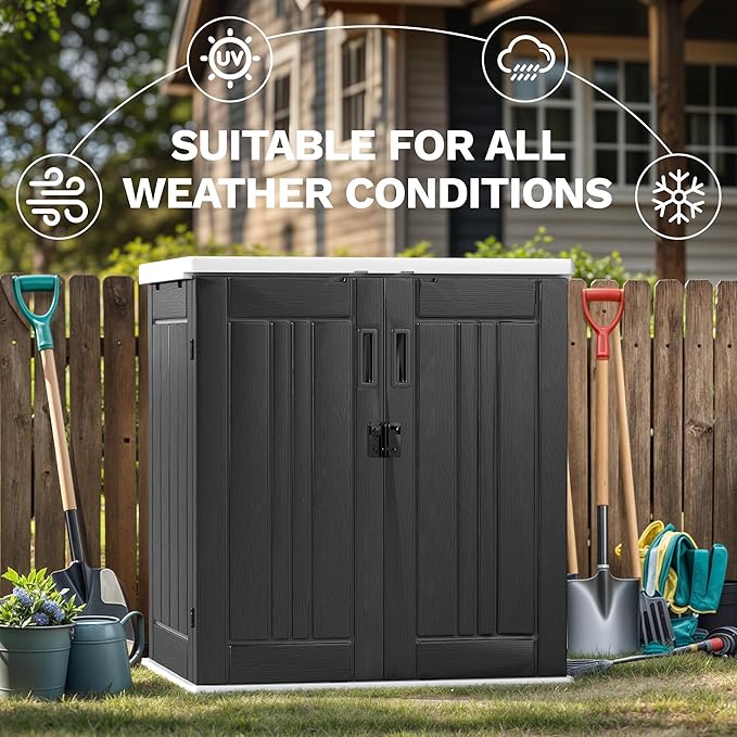 DWVO Outdoor Storage Cabinet with 2 Shelves, Waterproof Horizontal Plastic Storage Shed with Lockable Door, 15 cu. ft. Patio Tools Storage Box for Patio, Garden, Backyard, Deck, Dark Gray