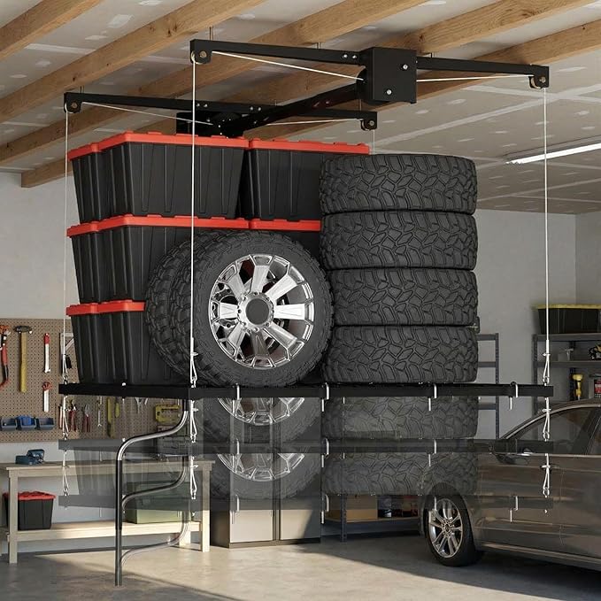 4x4 FT Overhead Garage Ceiling Storage Rack, 350 LBS Heavy-Duty Lift Elevator System with Smooth Hand Crank, Space-Saving Hoist Organization for Bins, Tools & Seasonal Gear
