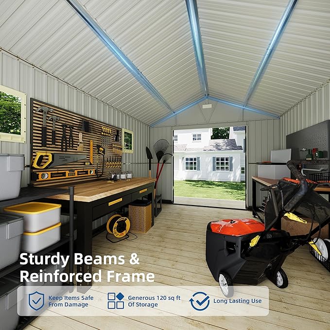 10x12 FT Outdoor Storage Shed, Garden Metal Shed with Lockable Doors & Window, Extra Large Tool Shed for Backyard, Patio & Lawn