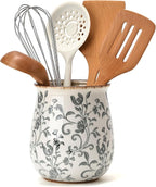 Utensil Holder for Kitchen Counter, Modern Farmhouse Cooking Utensil Holder and Crock Home Kitchen Decor, Ceramic Utensil Organizer for Spatula, Ladle, Eggbeater, Rolling Pin- Gray Flower Patterns