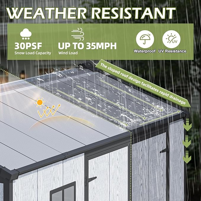 6 x 8 FT Resin Outdoor Storage Shed, All-Weather Plastic Garden Shed with Floor, Lockable Doors & Windows, Plastic Tool Shed for Poolside, Patio, Backyard