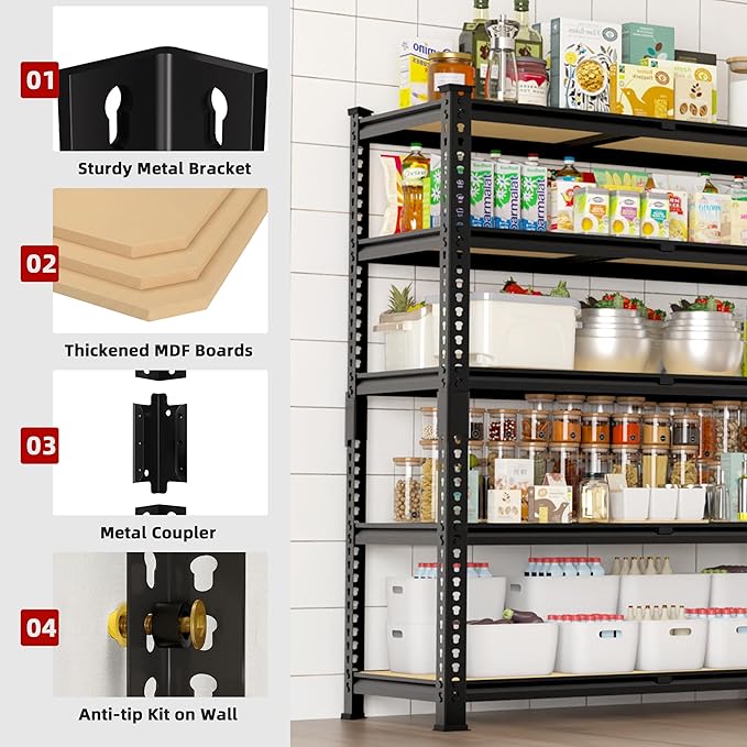 2 Packs 35.5" W x 16" D x 71" H Adjustable Garage Storage Shelves - 5-Shelf Heavy Duty Shelving Unit, Metal Utility Storage Organizer Racks for Warehouse Pantry Closet Kitchen, Black