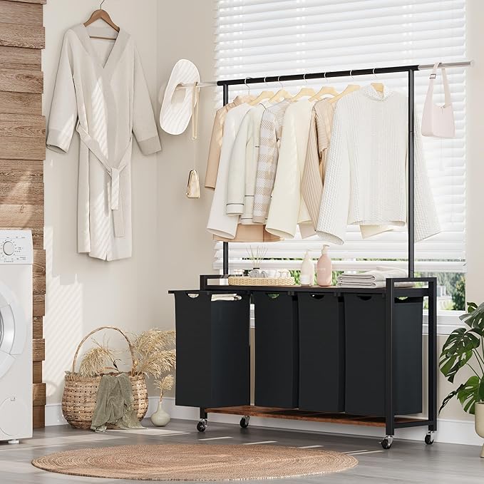4 Section Rolling Laundry Cart with Hanging Rack & Utility Shelf, Laundry Sorter Hamper with Lockable Wheels, Removable Bags, Bedroom, Laundry Room, Bathroom Organizer