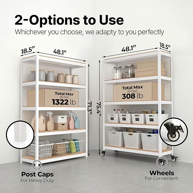HOMEDANT House 5 Tier Heavy Duty Garage Shelving Adjustable Metal Rack Storage Shelves Standing Shelf Unit Organizers Pantry Closet Office (1, White, (Wheels) 48.1" W x 18.5" D)