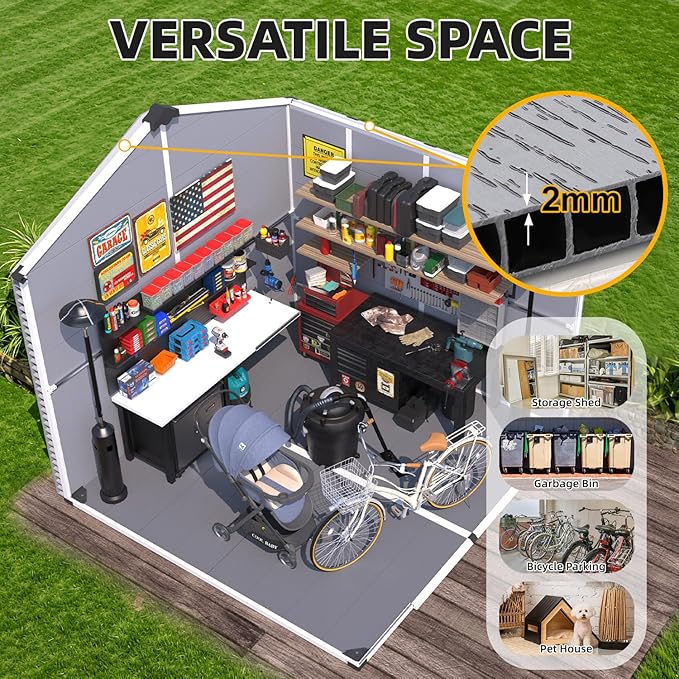 MELLCOM 8 x 8 FT Resin Outdoor Storage Shed with Floor, Storage Tool Shed with Windows and Lockable Door, Resin Garden Shed for Lawnmower, Bike, Pool Supply
