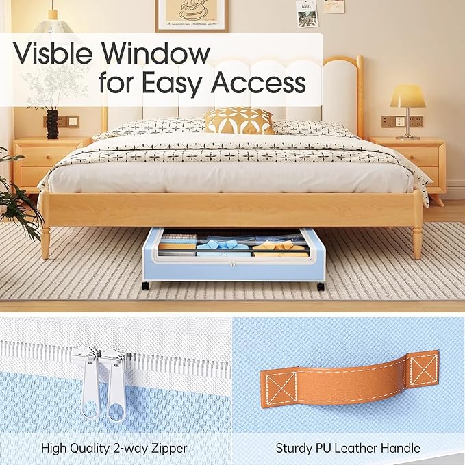 Yecaye Under Bed Storage with Wheels, 2 Pack Under Bed Storage Containers, 60L Underbed Shoe Storage with Clear Window & Label, Rolling Under Bed Metal Drawer for Clothes, Shoes, Books, Blankets, Blue