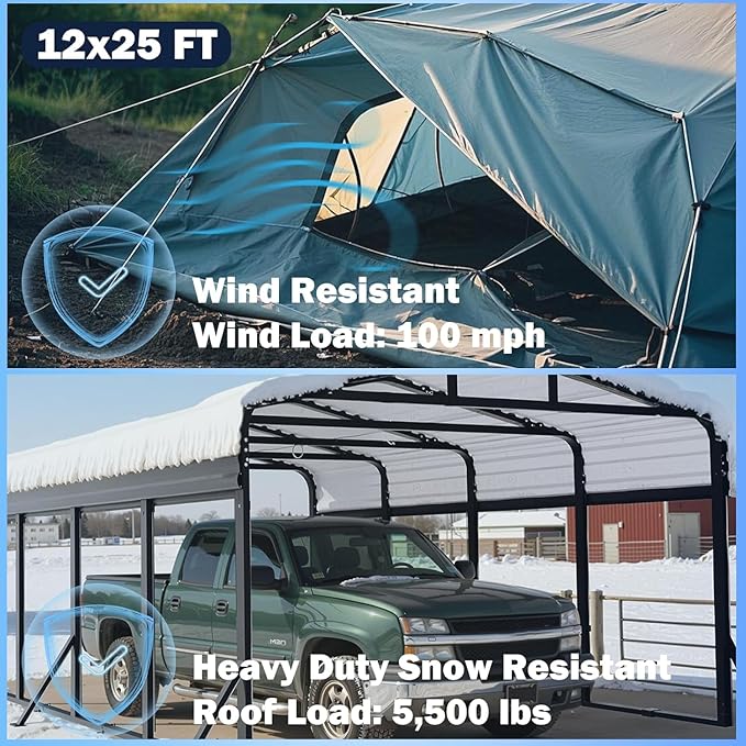 13X26 FT Metal Carport, Heavy Duty Cart Ports with Reinforced Galvanized Carports, Outdoor Weather Resistant Carport Canopy, Upgrade Car Port for Boats, Cars, Trucks, and Tractors