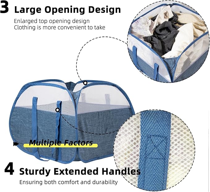 Collapsible Laundry Basket, 90L Foldable Pop-up Laundry Hamper with Reinforced Handles, Tear Proof Mesh Dirty Clothes Hamper for Laundry (Blue)